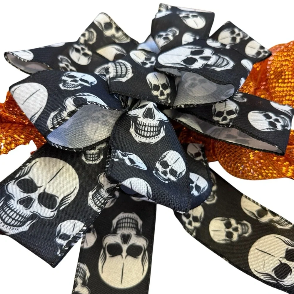 Halloween Orange Deco Mesh Wreath with Skull Ribbon – 24″